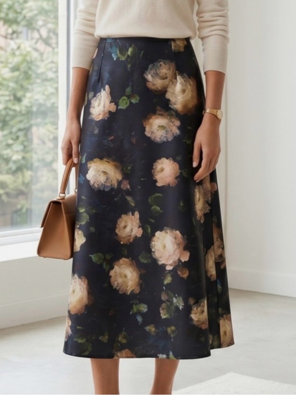 NWT Vince Floral Satin Slip Skirt in Navy with watercolor  Blooms